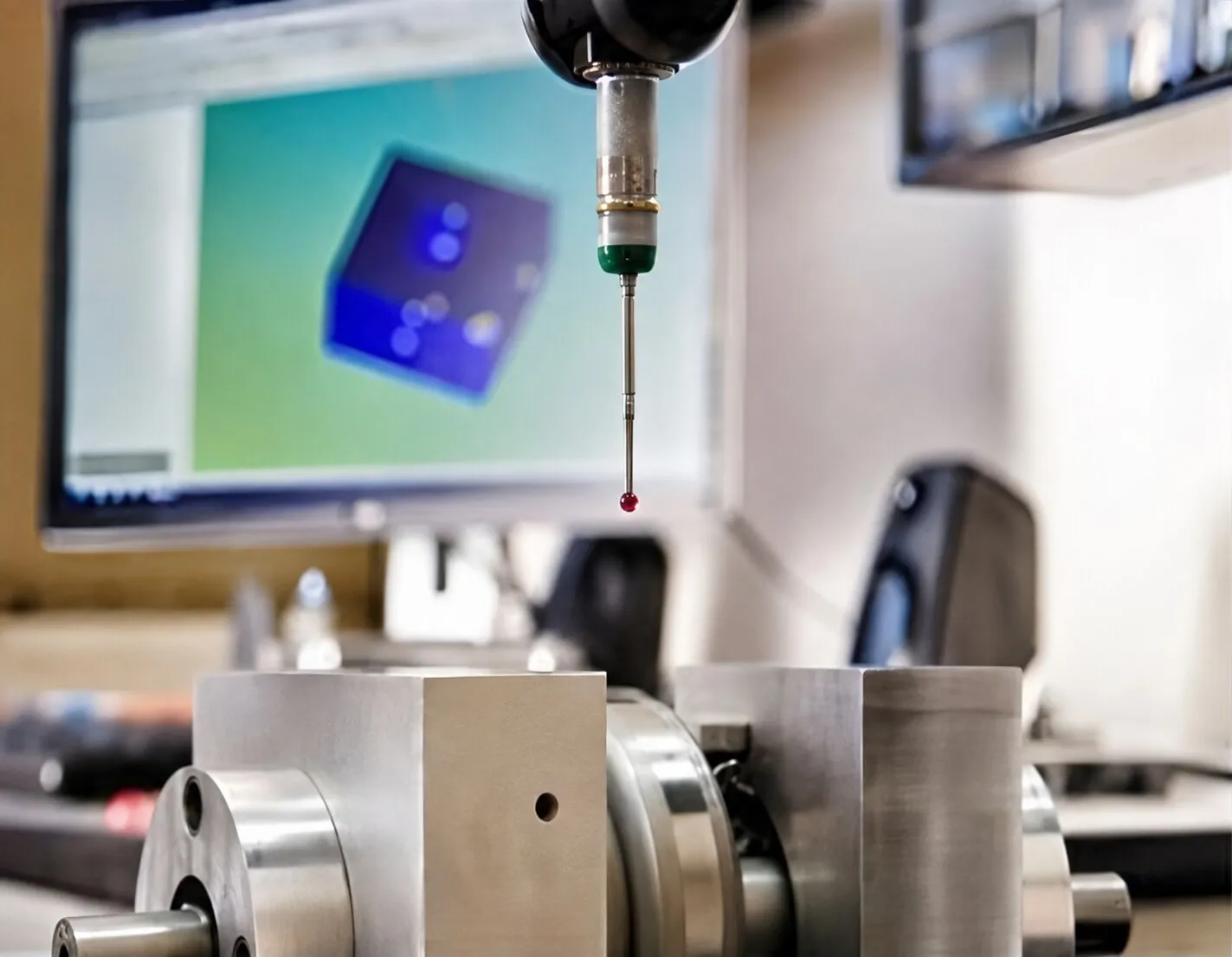A CMM touch probe measuring a machined part during inspection.
