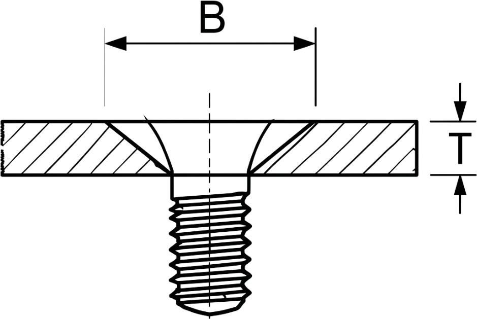 Cross-section diagram of a countersunk hole with major diameter B in sheet metal of thickness T.