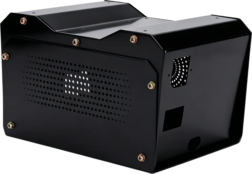 Powder-coated black sheet metal enclosure.