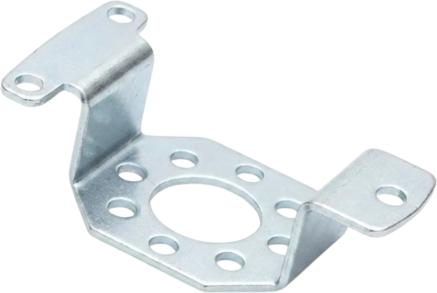 Zinc-plated steel sheet metal bracket.